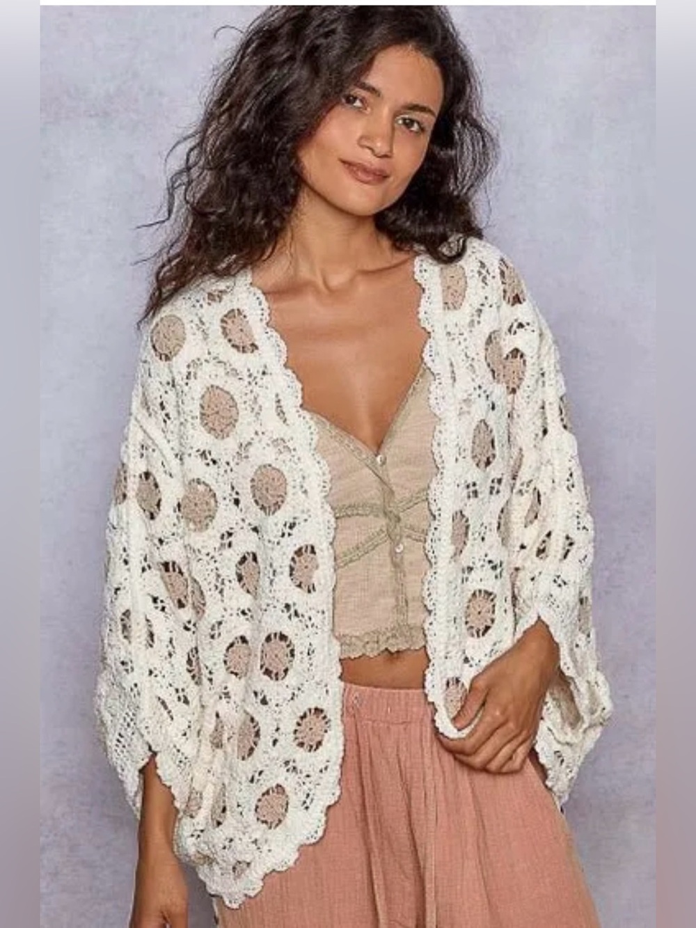 POL Crochet Granny Square Cardigan Cream Taupe One Size Boho